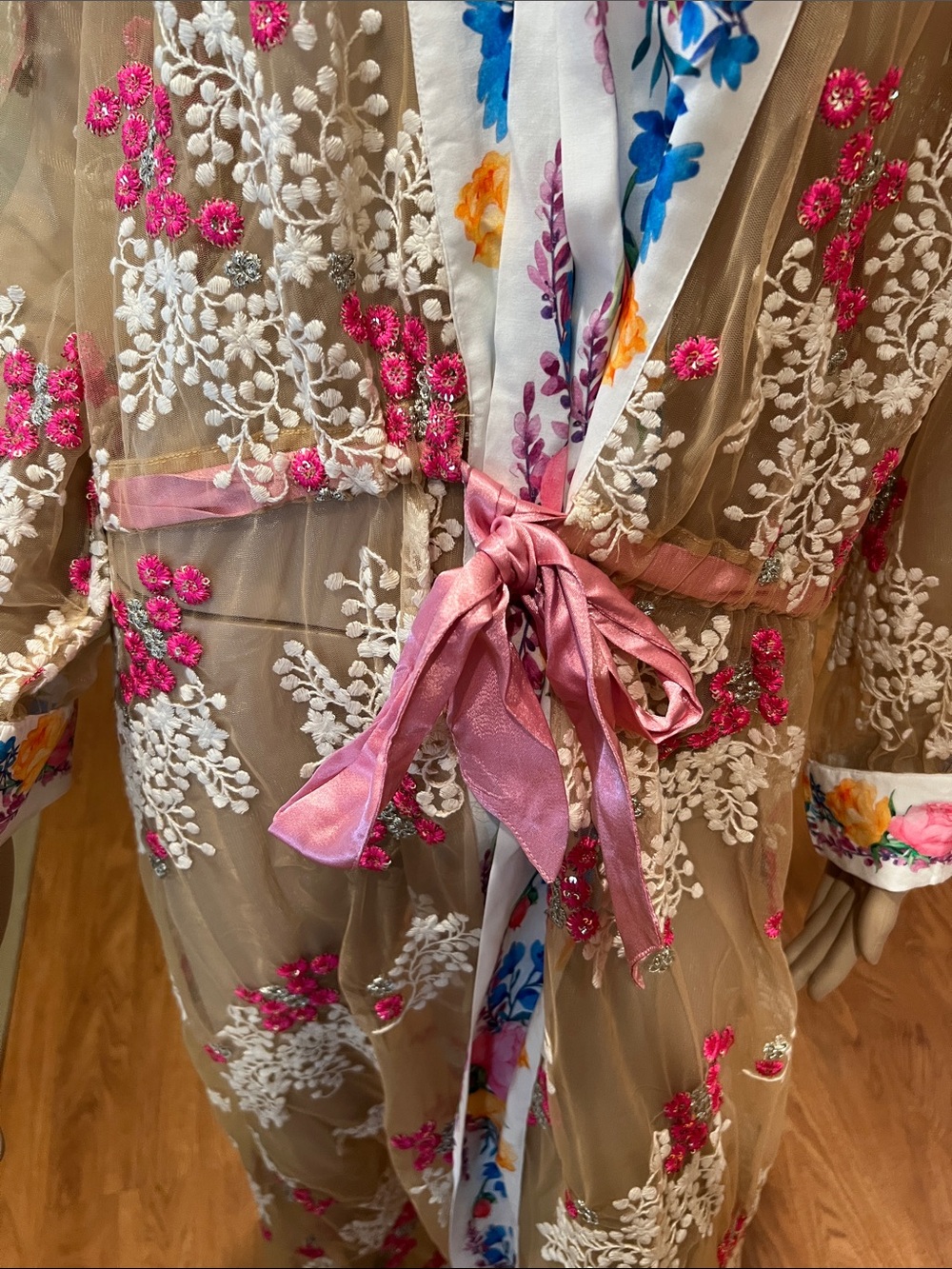 Aratta Blossom Floral Sheer Duster with Pink Sash - Picture 6 of 12